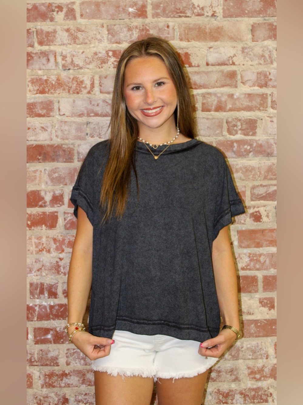 Zenana Black Ribbed Acid Washed Rayon Top